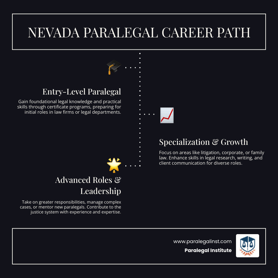 Infographic showing the career growth trajectory for paralegals in Nevada, highlighting entry-level roles, mid-career specialization, and advanced positions with increasing responsibilities. - paralegal schools Nevada infographic infographic-line-3-steps-dark