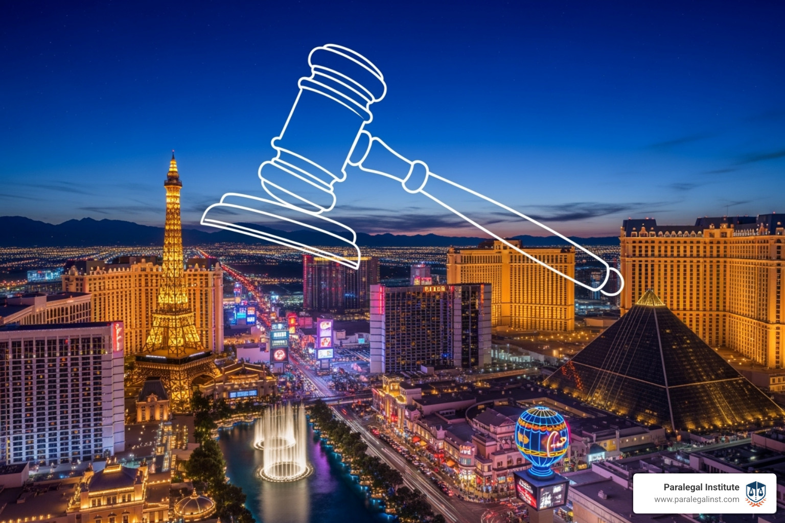 Las Vegas skyline incorporating a gavel graphic - paralegal schools Nevada