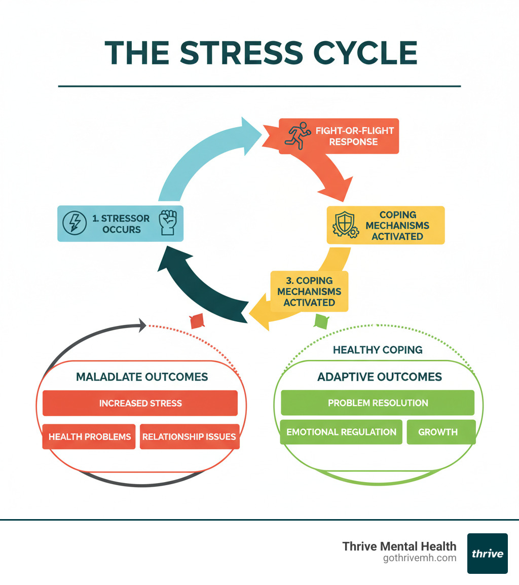 Infographic showing the stress cycle: stressor occurs, body responds with fight-or-flight, coping mechanisms are activated, leading to either adaptive outcomes (problem resolution, emotional regulation, growth) or maladaptive outcomes (increased stress, health problems, relationship issues), with arrows showing how healthy coping breaks the negative cycle - coping infographic 