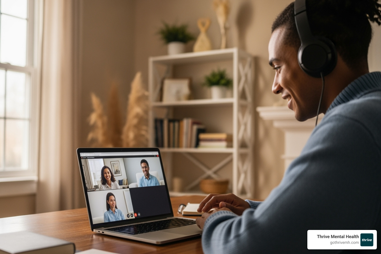 person in a virtual therapy session on their laptop - coping