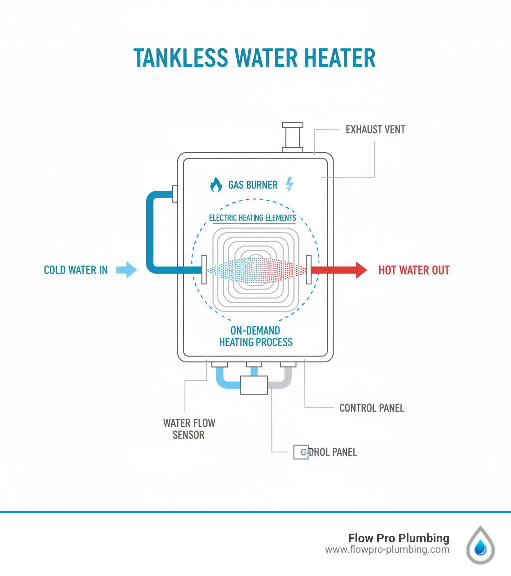 Infographic showing a cutaway view of a tankless water heater with cold water entering one side, passing through a heat exchanger with gas burner or electric elements, and hot water exiting the other side, with labels showing the on-demand heating process and key components - tankless water heater cons infographic Infographic showing a cutaway view of a tankless water heater with cold water entering one side, passing through a heat exchanger with gas burner or electric elements, and hot water exiting the other side, with labels showing the on-demand heating process and key components - tankless water heater cons infographic