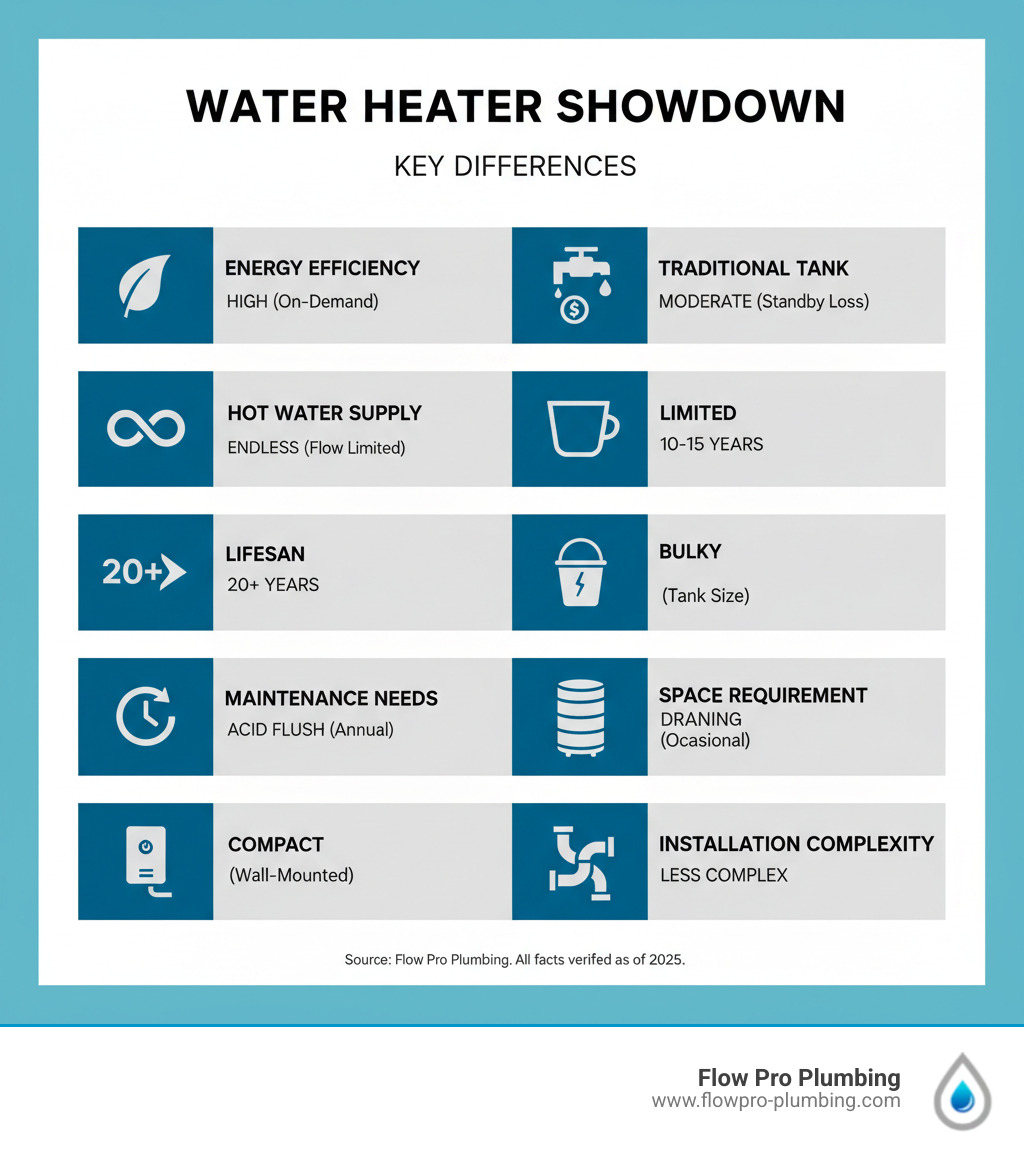 Infographic comparing tankless and traditional water heaters based on energy efficiency, hot water supply, lifespan, maintenance needs, space requirement, and installation complexity - tankless water heater cons infographic Infographic comparing tankless and traditional water heaters based on energy efficiency, hot water supply, lifespan, maintenance needs, space requirement, and installation complexity - tankless water heater cons infographic