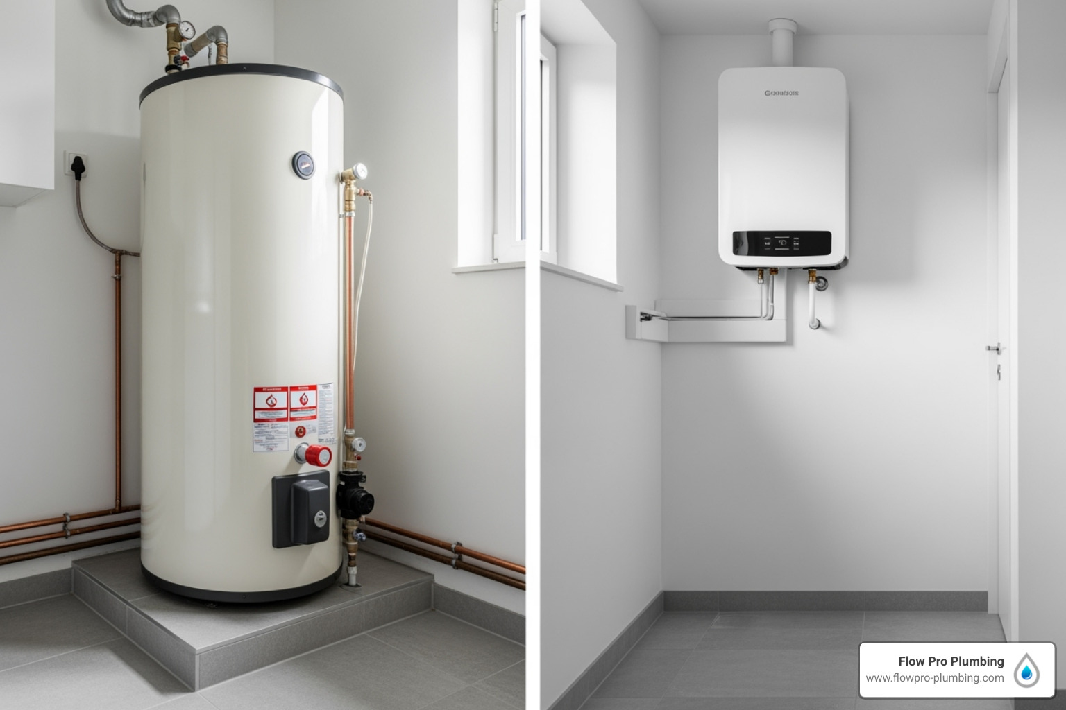 A large, bulky traditional water tank contrasted with a small, sleek wall-mounted tankless unit in a modern utility room, highlighting the space-saving advantage - tankless water heater cons A large, bulky traditional water tank contrasted with a small, sleek wall-mounted tankless unit in a modern utility room, highlighting the space-saving advantage - tankless water heater cons