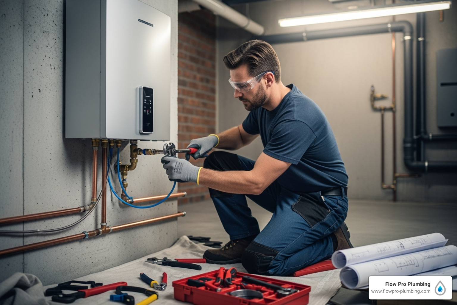 A professional plumber carefully connecting new gas and water lines to a wall-mounted tankless water heater, with tools and blueprints visible in the background - tankless water heater cons A professional plumber carefully connecting new gas and water lines to a wall-mounted tankless water heater, with tools and blueprints visible in the background - tankless water heater cons