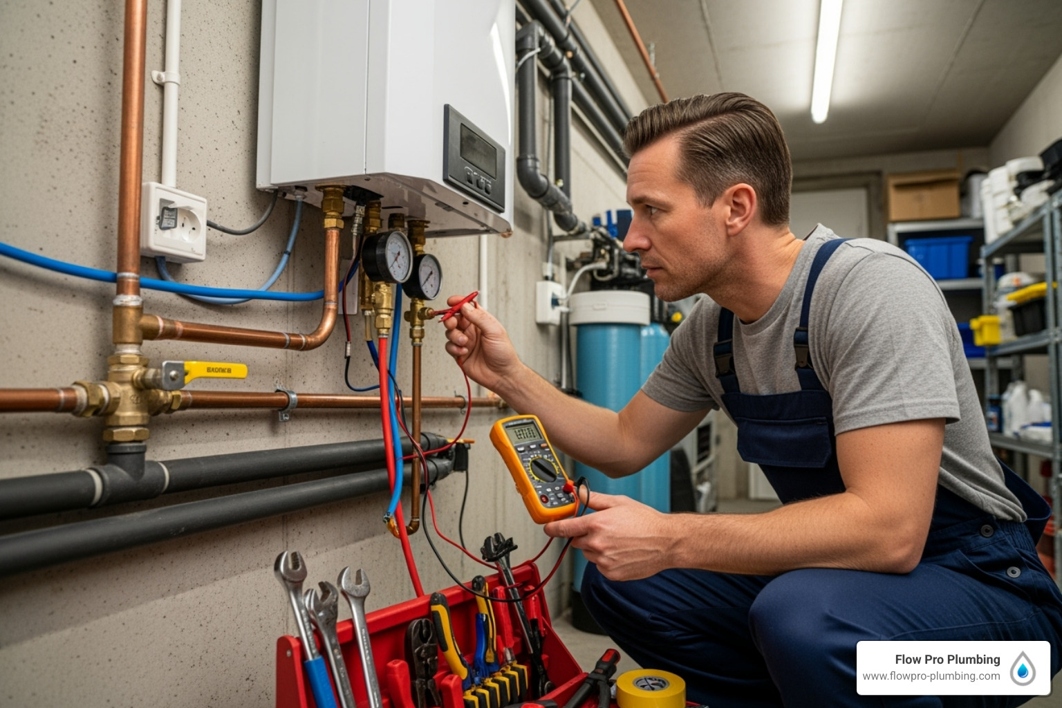 A professional plumber assessing gas and water lines for a tankless installation, with various tools and pipes visible - tankless water heater cons A professional plumber assessing gas and water lines for a tankless installation, with various tools and pipes visible - tankless water heater cons