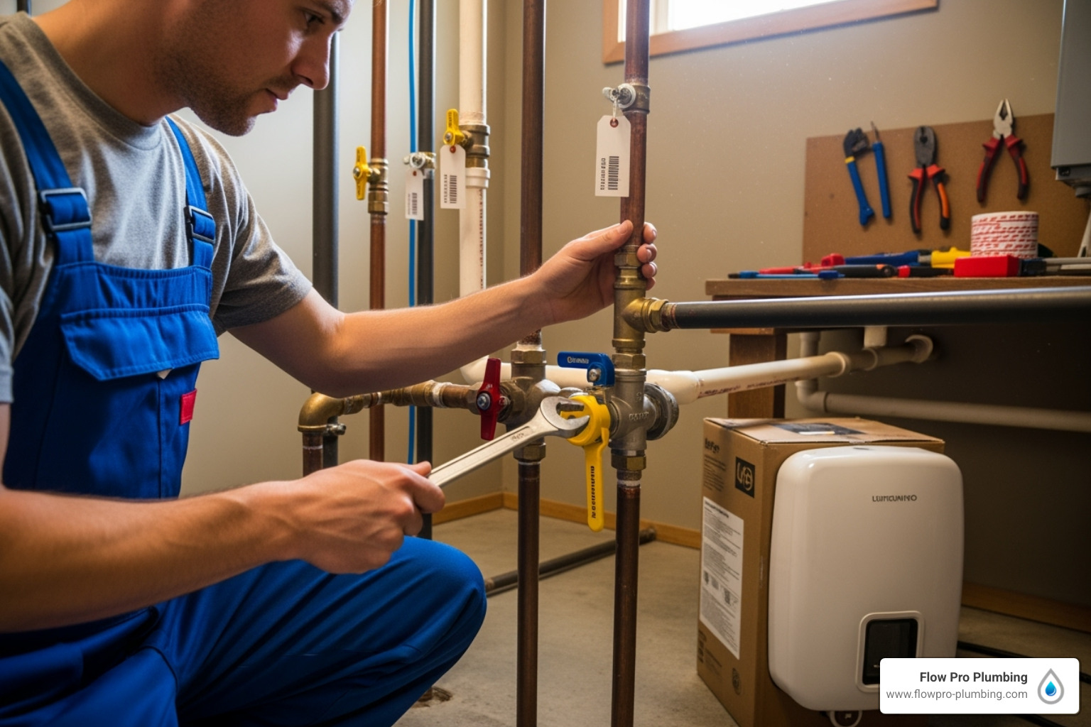 professional plumber assessing gas and water lines for a tankless installation - tankless water heater cons professional plumber assessing gas and water lines for a tankless installation - tankless water heater cons