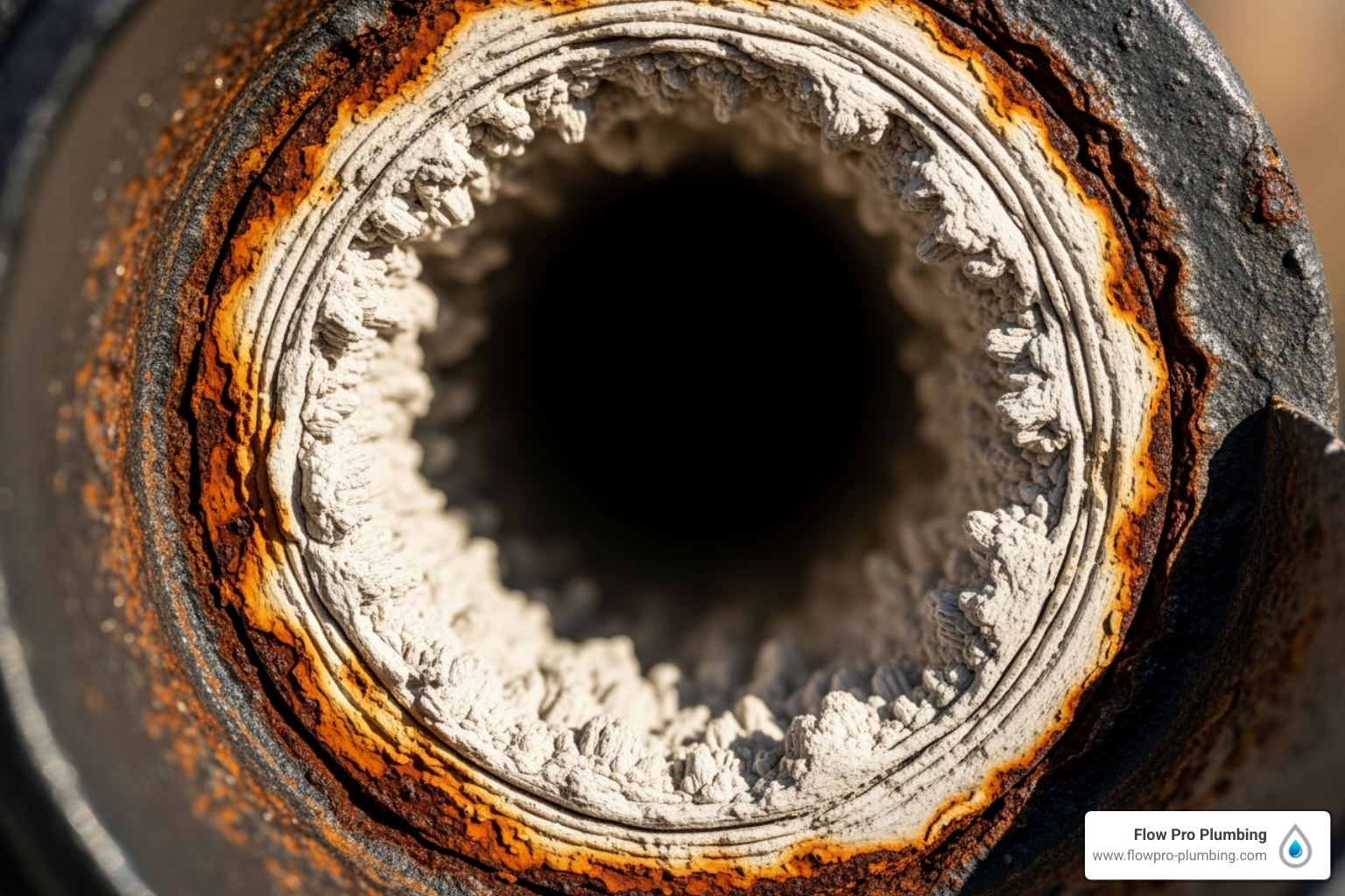 A close-up image of mineral buildup (scale) inside a corroded water pipe, illustrating the impact of hard water on plumbing systems - tankless water heater cons A close-up image of mineral buildup (scale) inside a corroded water pipe, illustrating the impact of hard water on plumbing systems - tankless water heater cons