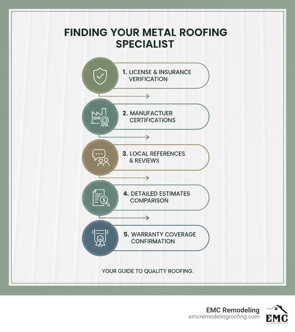 Infographic showing the step-by-step process for finding qualified metal roofing specialists, including verification of licensing and insurance, checking manufacturer certifications, reviewing local references, comparing detailed estimates, and confirming warranty coverage - metal roofing specialists near me infographic 