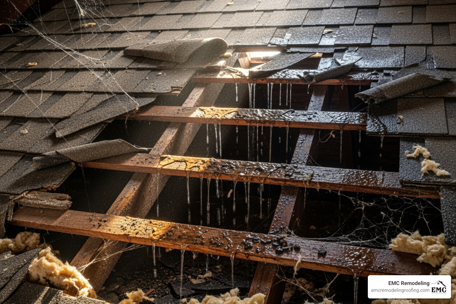 damaged roof with curling shingles and visible leaks in an attic - metal roofing specialists near me