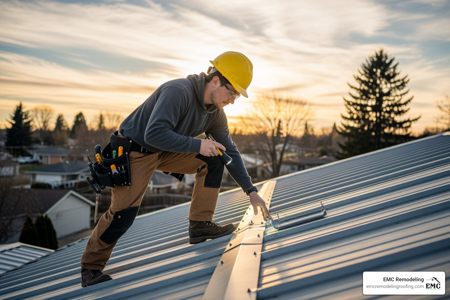 contractor performing a routine inspection on a metal roof - metal roofing specialists near me