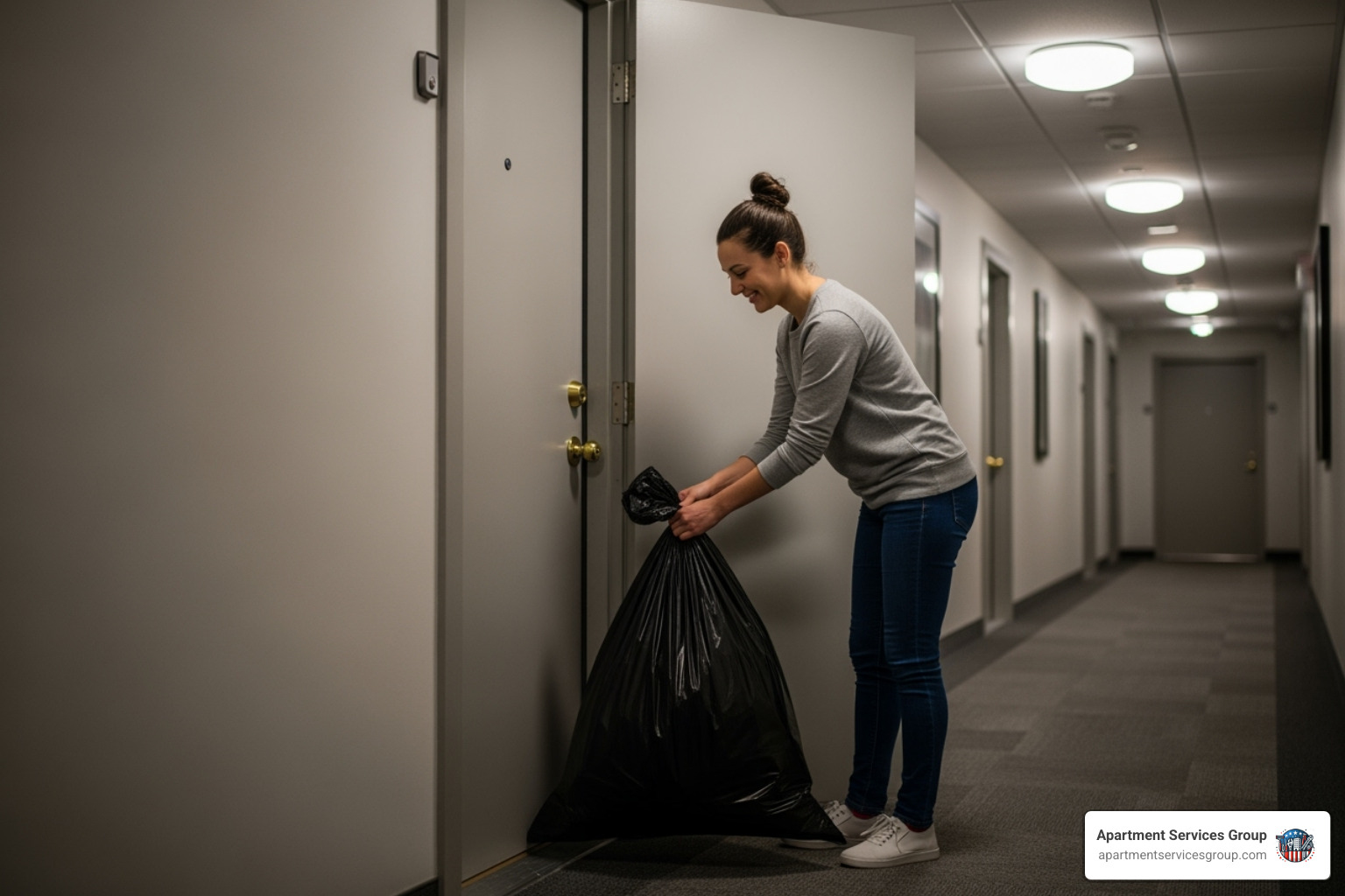 A happy resident places a neatly tied trash bag outside their apartment door for valet pickup - apartment trash removal Houston