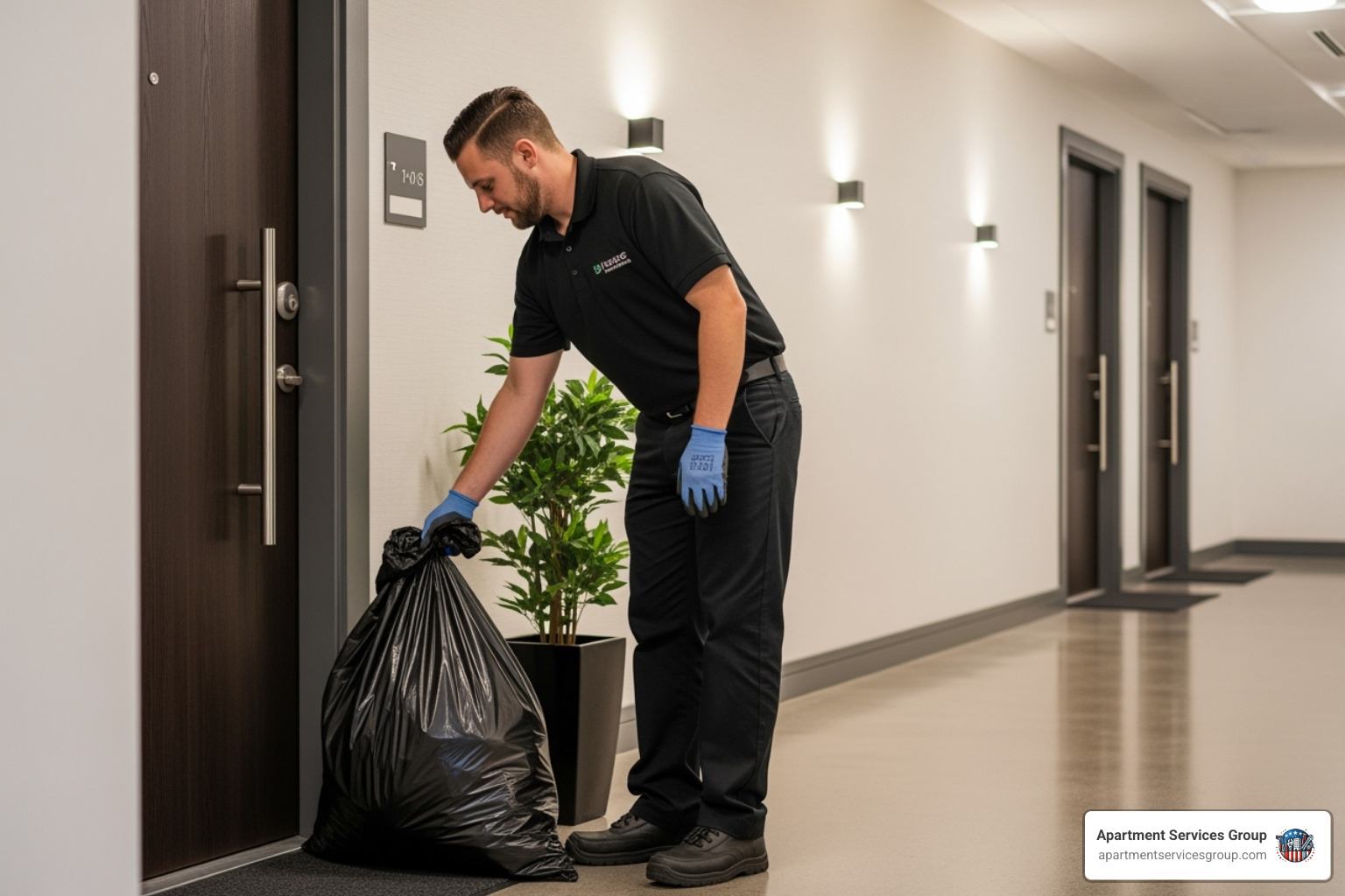 A uniformed service worker collects trash from a doorstep at an apartment complex - apartment trash removal Houston