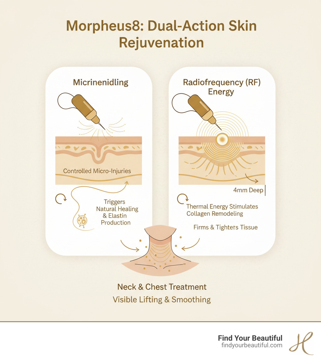 Comprehensive infographic showing Morpheus8's dual-action mechanism with microneedling creating controlled micro-injuries while radiofrequency energy penetrates 4mm deep to stimulate collagen production in neck and chest tissue layers - morpheus8 on neck and chest infographic Comprehensive infographic showing Morpheus8's dual-action mechanism with microneedling creating controlled micro-injuries while radiofrequency energy penetrates 4mm deep to stimulate collagen production in neck and chest tissue layers - morpheus8 on neck and chest infographic