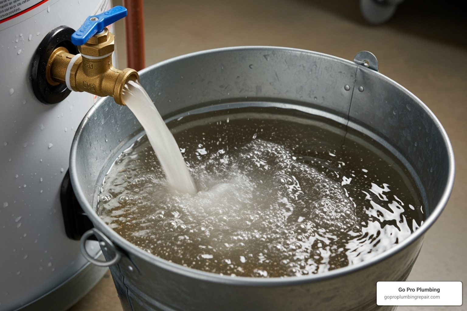 cloudy, sediment-filled water being flushed from a tank into a bucket - Water heater maintenance