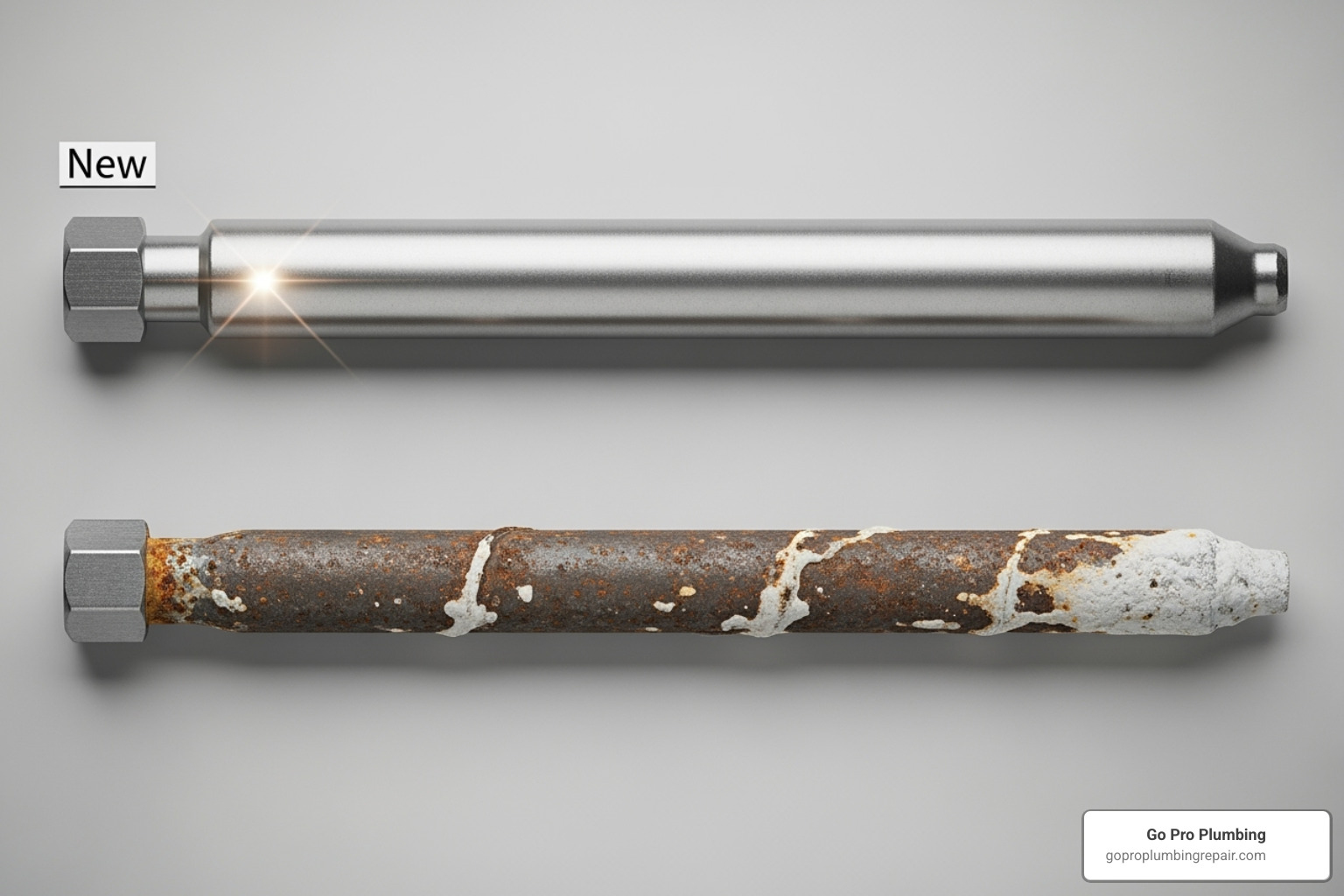 comparison of a new and corroded anode rod - Water heater maintenance