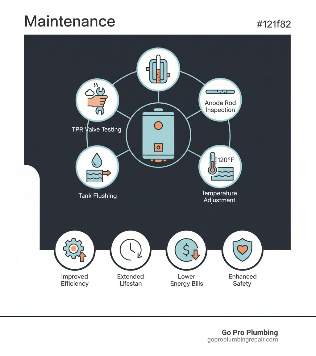 Comprehensive water heater maintenance infographic showing annual maintenance checklist including TPR valve testing, tank flushing, anode rod inspection, temperature adjustment, and insulation installation, with benefits of improved efficiency, extended lifespan, lower energy bills, and improved safety - Water heater maintenance infographic 