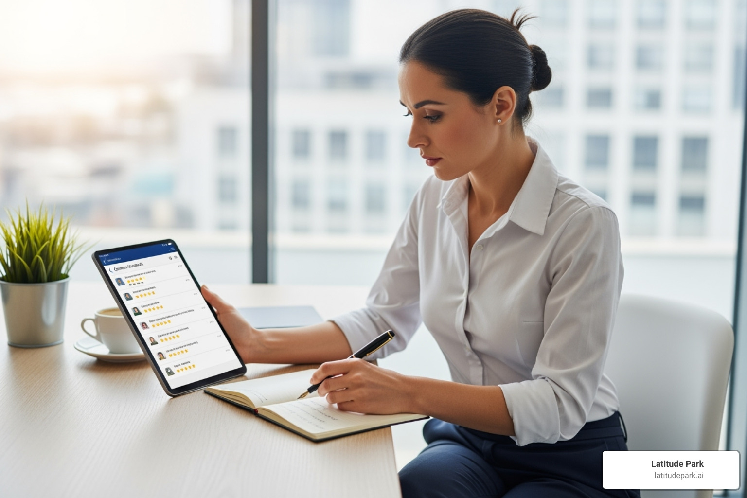 business owner reading customer feedback on a tablet and making notes - what are the benefits of online reviews business owner reading customer feedback on a tablet and making notes - what are the benefits of online reviews