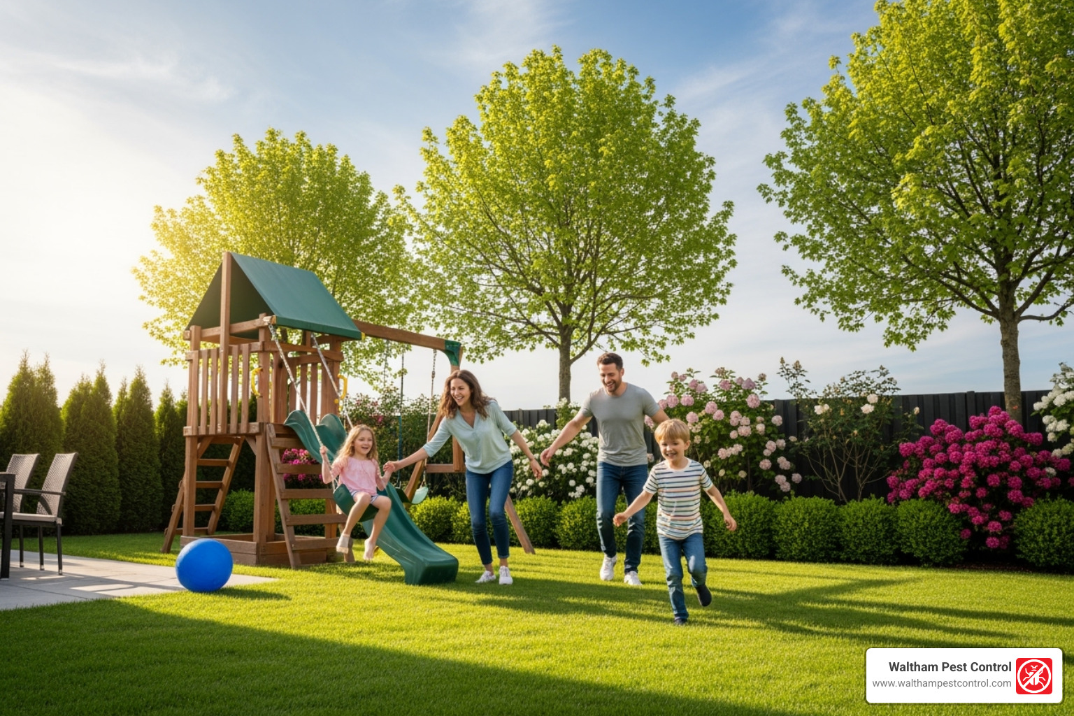 family playing safely in a well-maintained yard - tick extermination cost