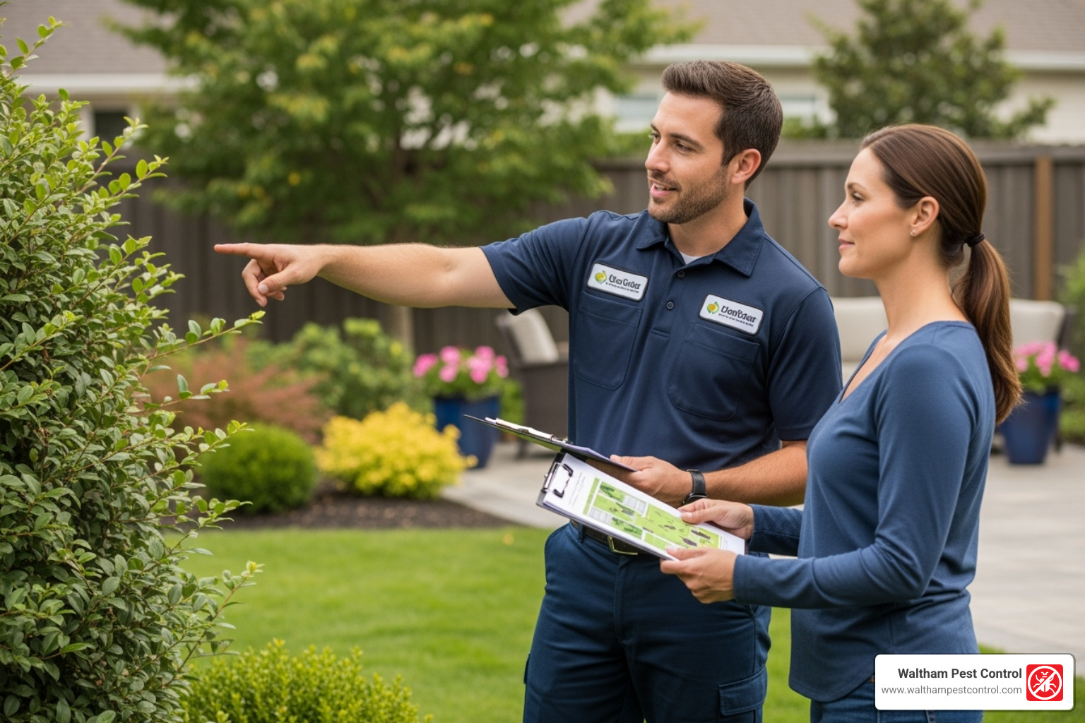 friendly technician discussing a treatment plan with a homeowner - tick extermination cost