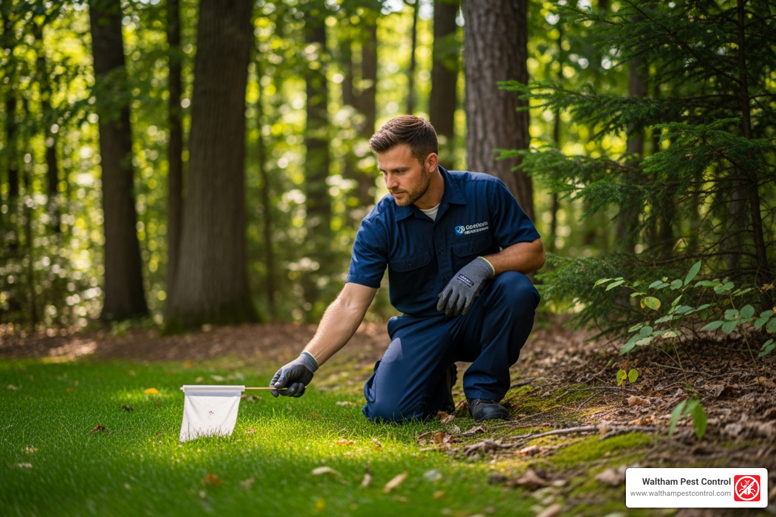 pest control technician inspecting the edge of a wooded yard - tick extermination cost