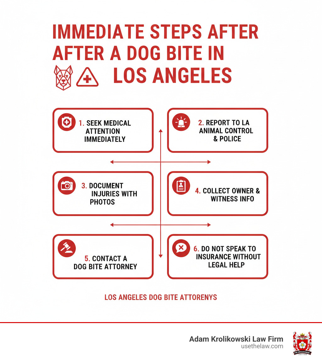 Infographic showing immediate steps after a dog bite: 1) Seek medical attention immediately, 2) Report to Los Angeles Animal Control and police, 3) Document injuries with photos, 4) Collect dog owner and witness information, 5) Contact a dog bite attorney, 6) Do not speak to insurance companies without legal representation - los angeles dog bite attorneys infographic 