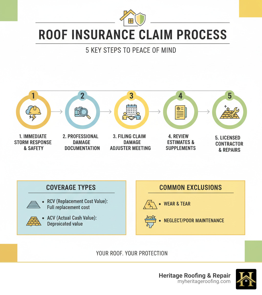 Comprehensive roof insurance claim process infographic showing the 5 key steps: 1) Immediate storm response and safety assessment, 2) Professional damage documentation with photos and inspection, 3) Filing claim with insurance company and adjuster meeting, 4) Reviewing estimates and submitting supplements if needed, 5) Choosing licensed contractor and completing repairs, with coverage types RCV vs ACV comparison and common exclusions like wear and tear - Roof insurance help infographic Comprehensive roof insurance claim process infographic showing the 5 key steps: 1) Immediate storm response and safety assessment, 2) Professional damage documentation with photos and inspection, 3) Filing claim with insurance company and adjuster meeting, 4) Reviewing estimates and submitting supplements if needed, 5) Choosing licensed contractor and completing repairs, with coverage types RCV vs ACV comparison and common exclusions like wear and tear - Roof insurance help infographic
