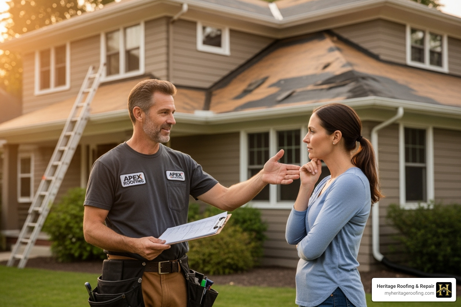 Roofer explaining estimate to homeowner after storm damage - Roof insurance help Roofer explaining estimate to homeowner after storm damage - Roof insurance help