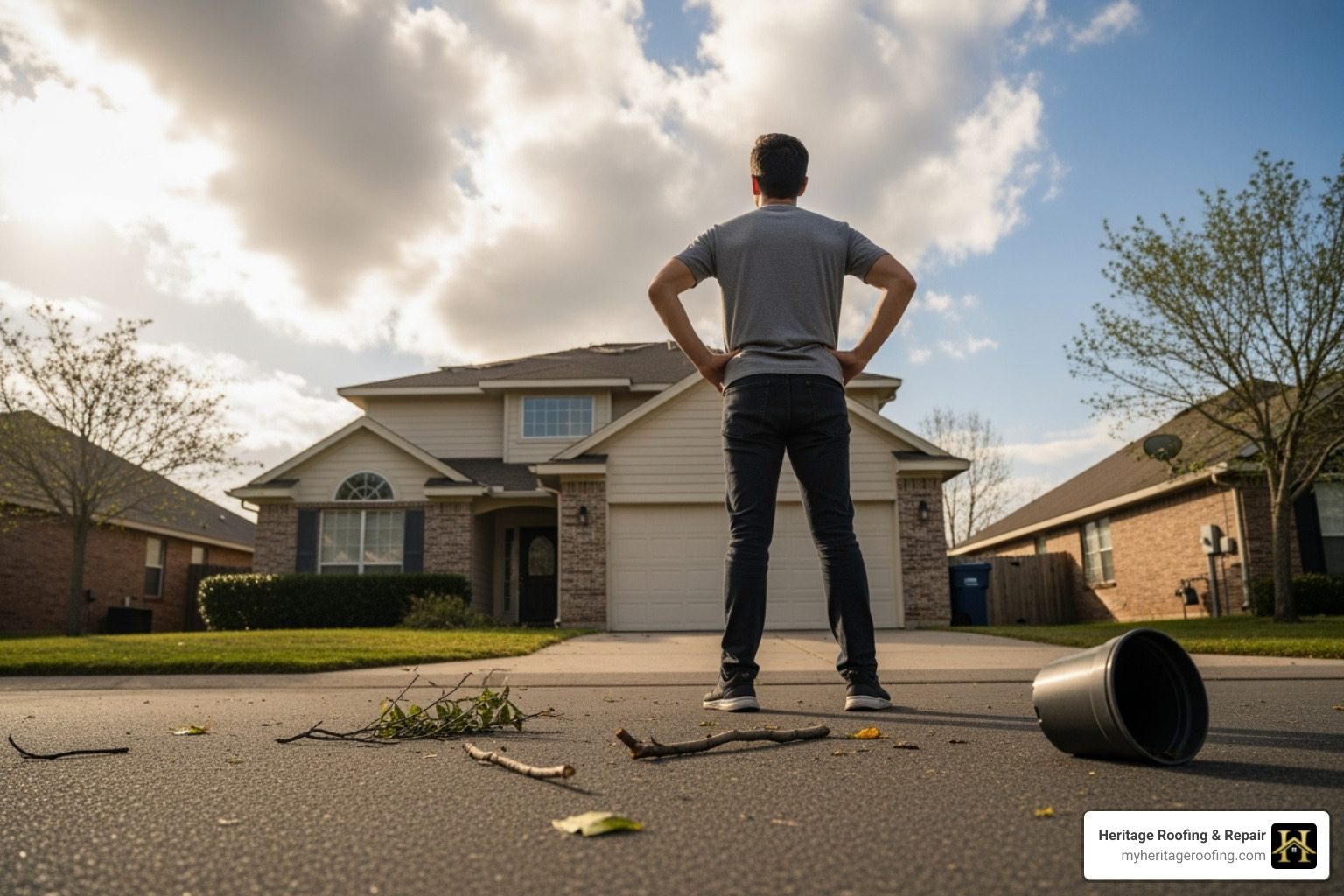 Homeowner safely inspecting roof for damage after a storm - Roof insurance help Homeowner safely inspecting roof for damage after a storm - Roof insurance help