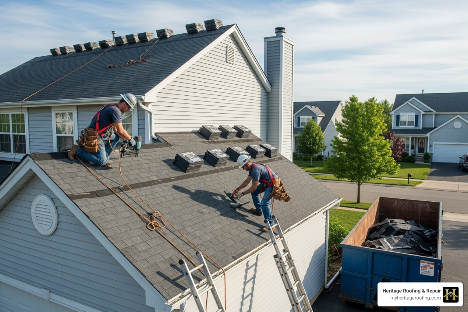 Professional roofing team installing a new roof on a residential home - Roof insurance help Professional roofing team installing a new roof on a residential home - Roof insurance help