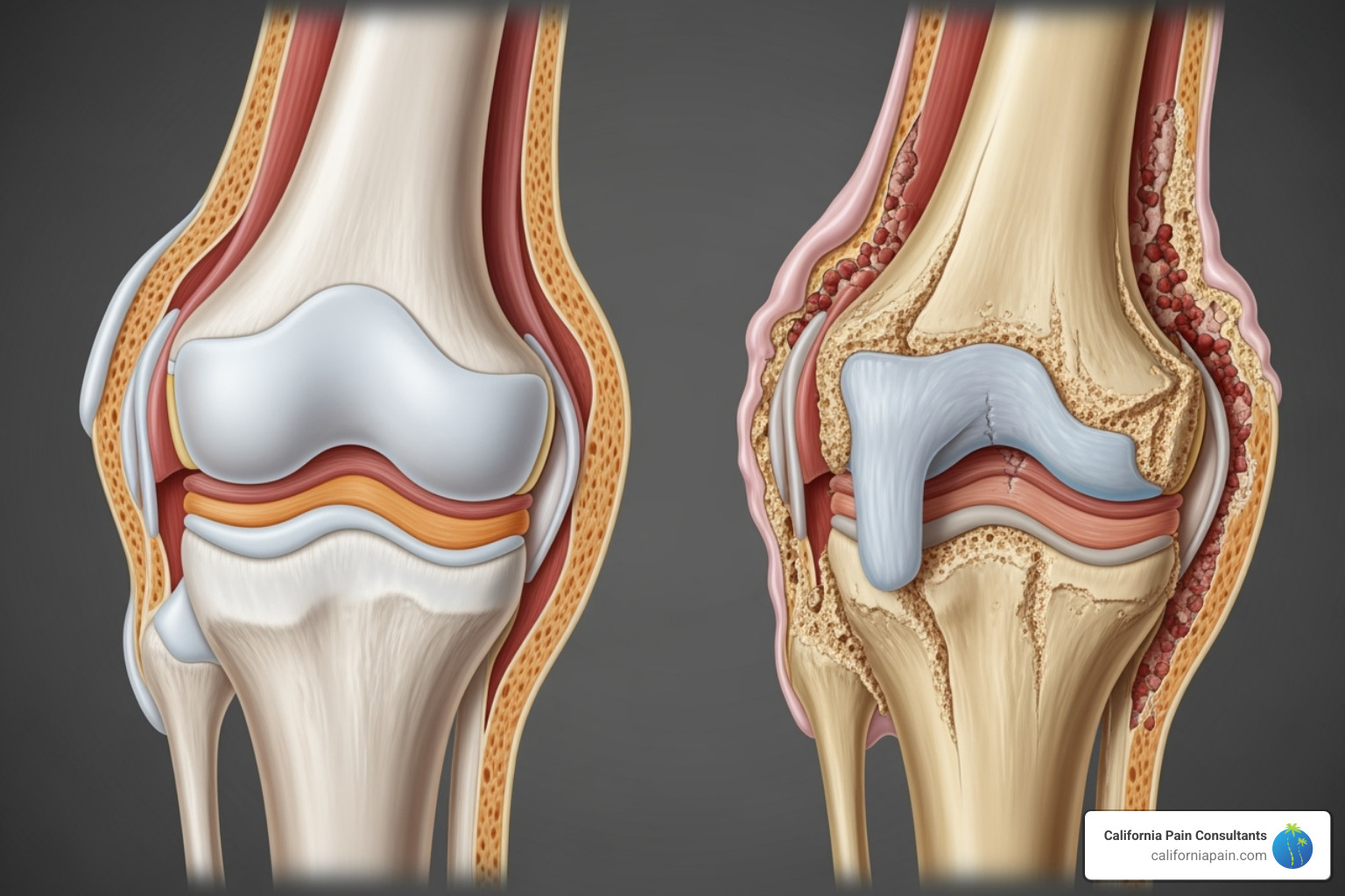 showing the difference between healthy cartilage and worn-down cartilage - Degenerative joint disease showing the difference between healthy cartilage and worn-down cartilage - Degenerative joint disease