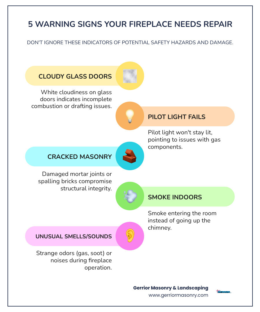 Infographic showing 5 warning signs your fireplace needs professional repair: white cloudiness on glass doors, pilot light won't stay lit, cracked or damaged mortar joints, smoke entering the room instead of going up chimney, and unusual smells or sounds during operation - Fireplace repair services infographic infographic-line-5-steps-colors