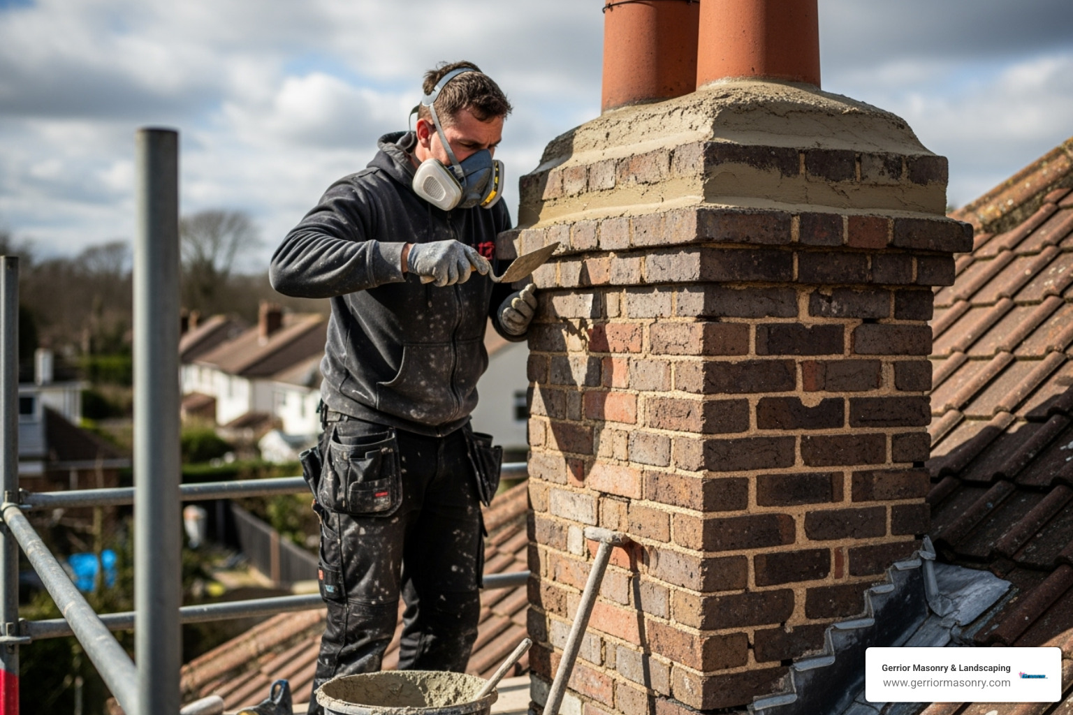 A mason carefully repointing the mortar on a brick chimney - Fireplace repair services