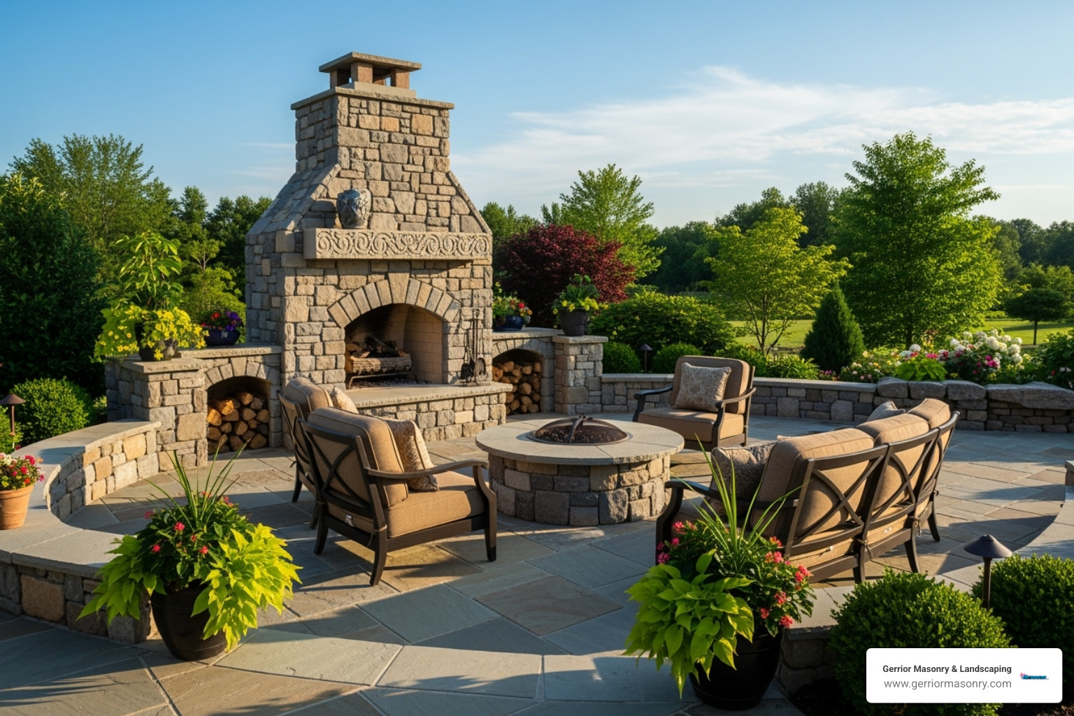 A stunning custom outdoor stone fireplace and patio area - Fireplace repair services