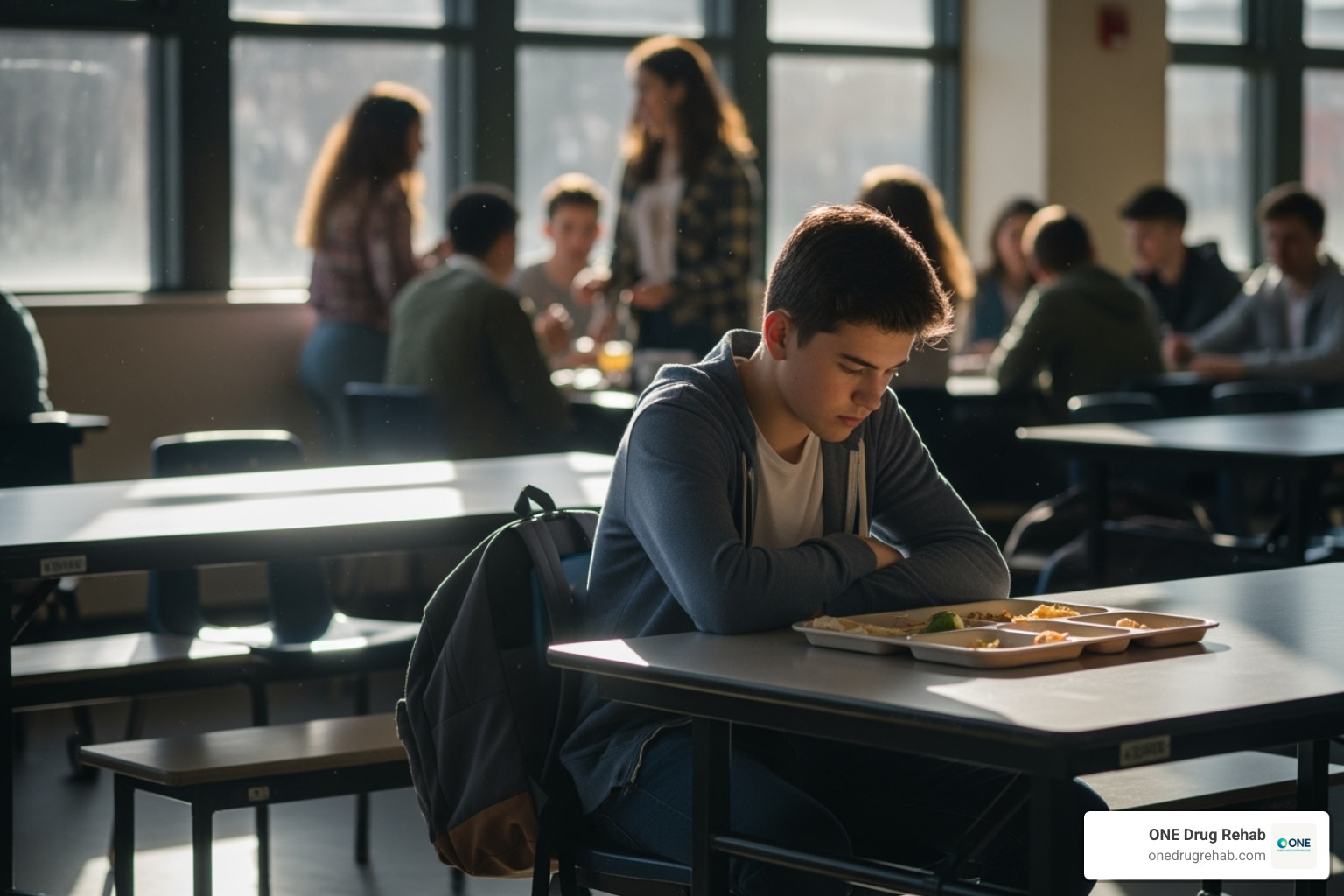 A teenager looking withdrawn or isolated in a social setting - addiction treatment for teens