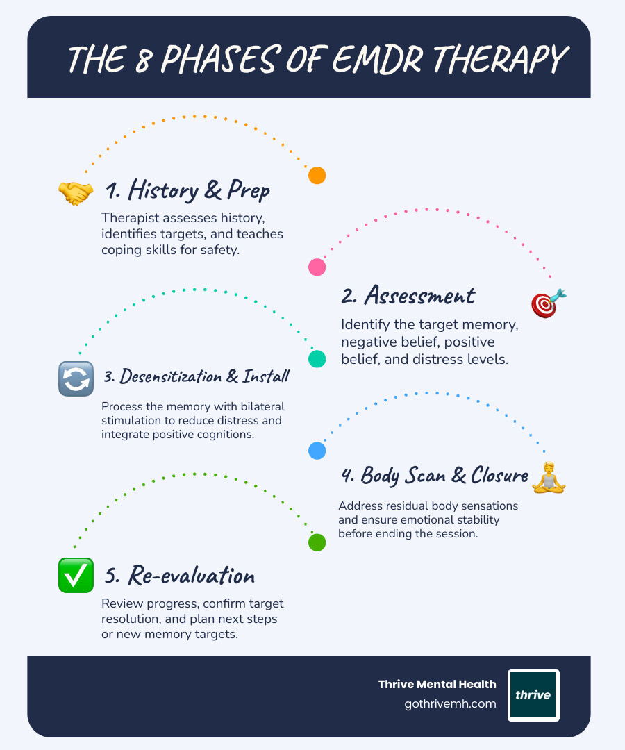 Infographic showing the 8 phases of EMDR therapy: History-taking, Preparation, Assessment, Desensitization, Installation, Body Scan, Closure, and Re-evaluation, with arrows showing how bilateral stimulation helps reprocess traumatic memories from stuck/distressing to adaptively stored - what is emdr and how does it work infographic infographic-line-5-steps-blues-accent_colors