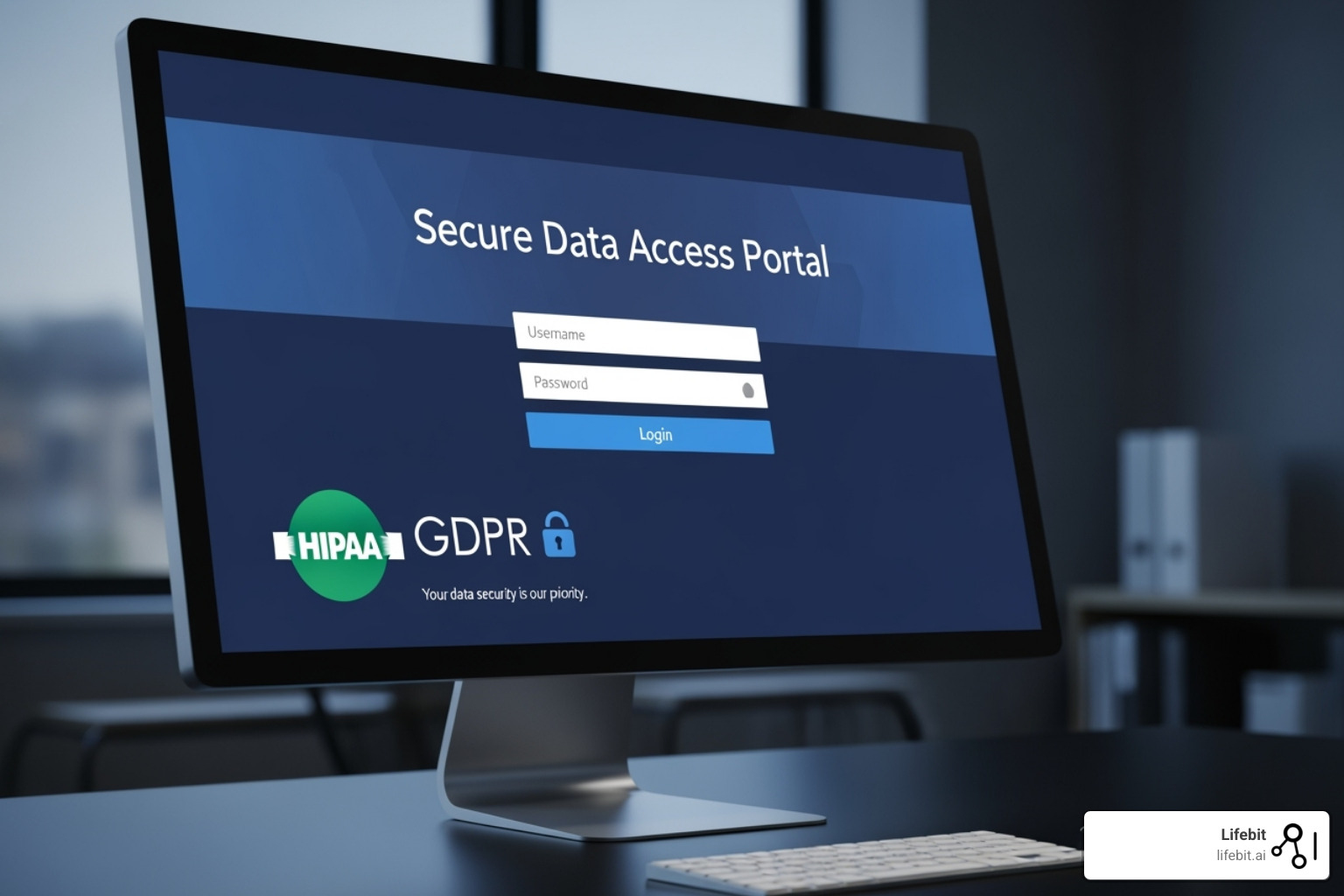 secure data access portal with compliance logos (HIPAA, GDPR) - Clinical data insights
