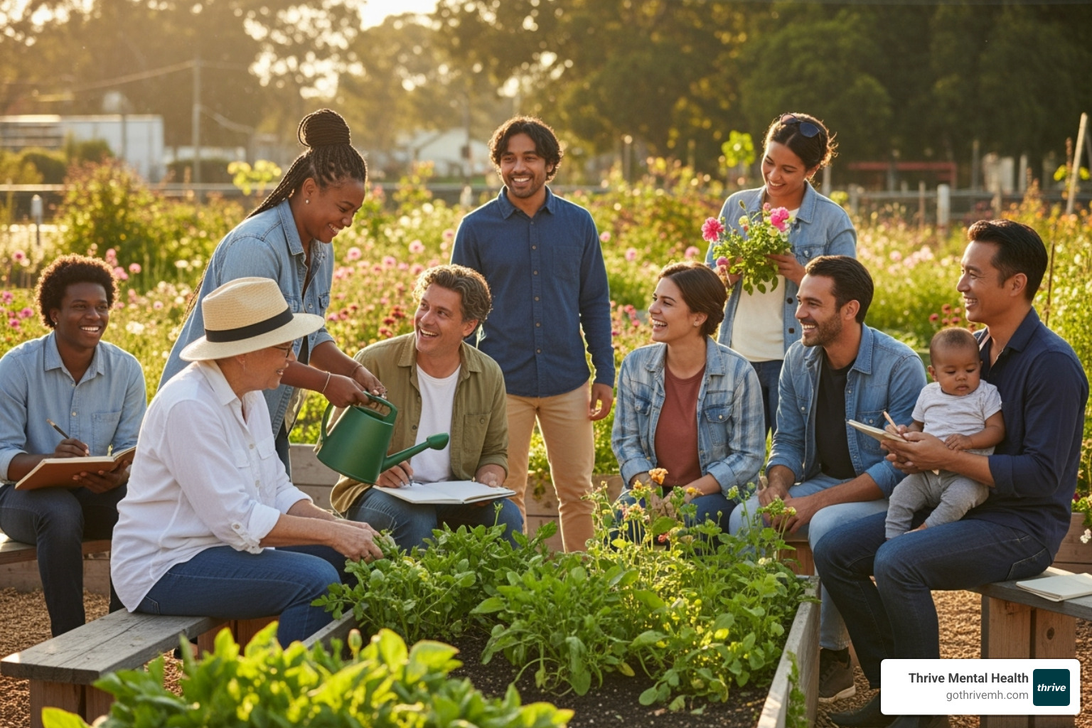 Diverse group of people in a supportive community setting, smiling and engaging - mental health support Florida