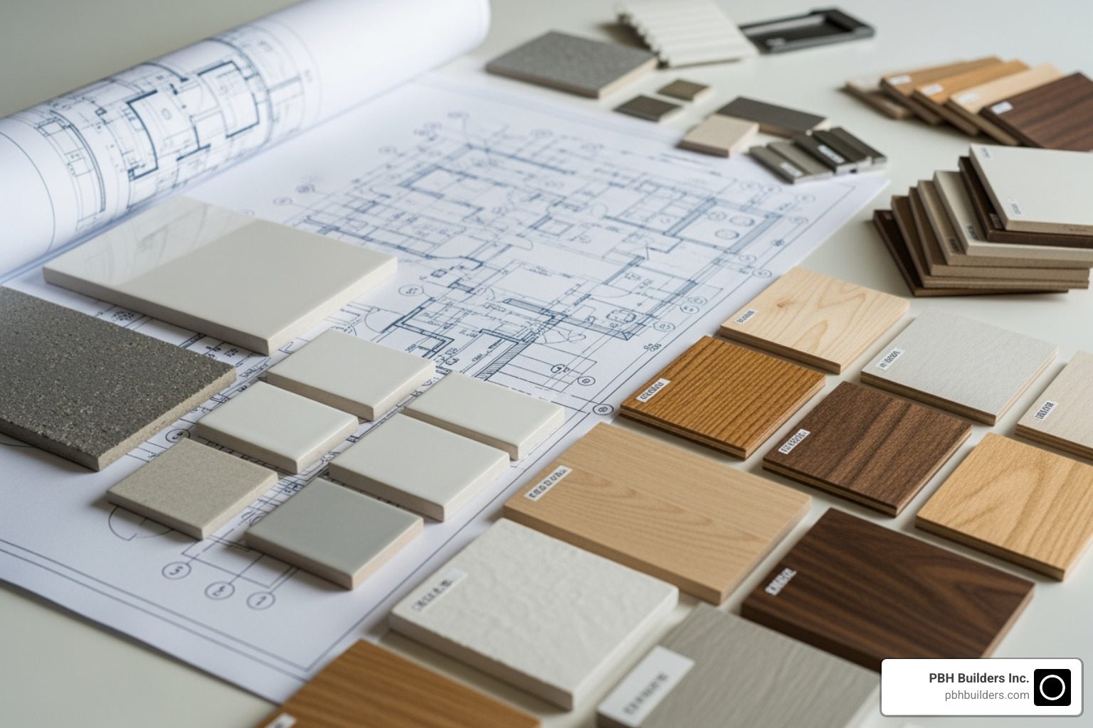 a design blueprint next to material samples like tile and wood - bathroom and kitchen remodeling in chula vista a design blueprint next to material samples like tile and wood - bathroom and kitchen remodeling in chula vista