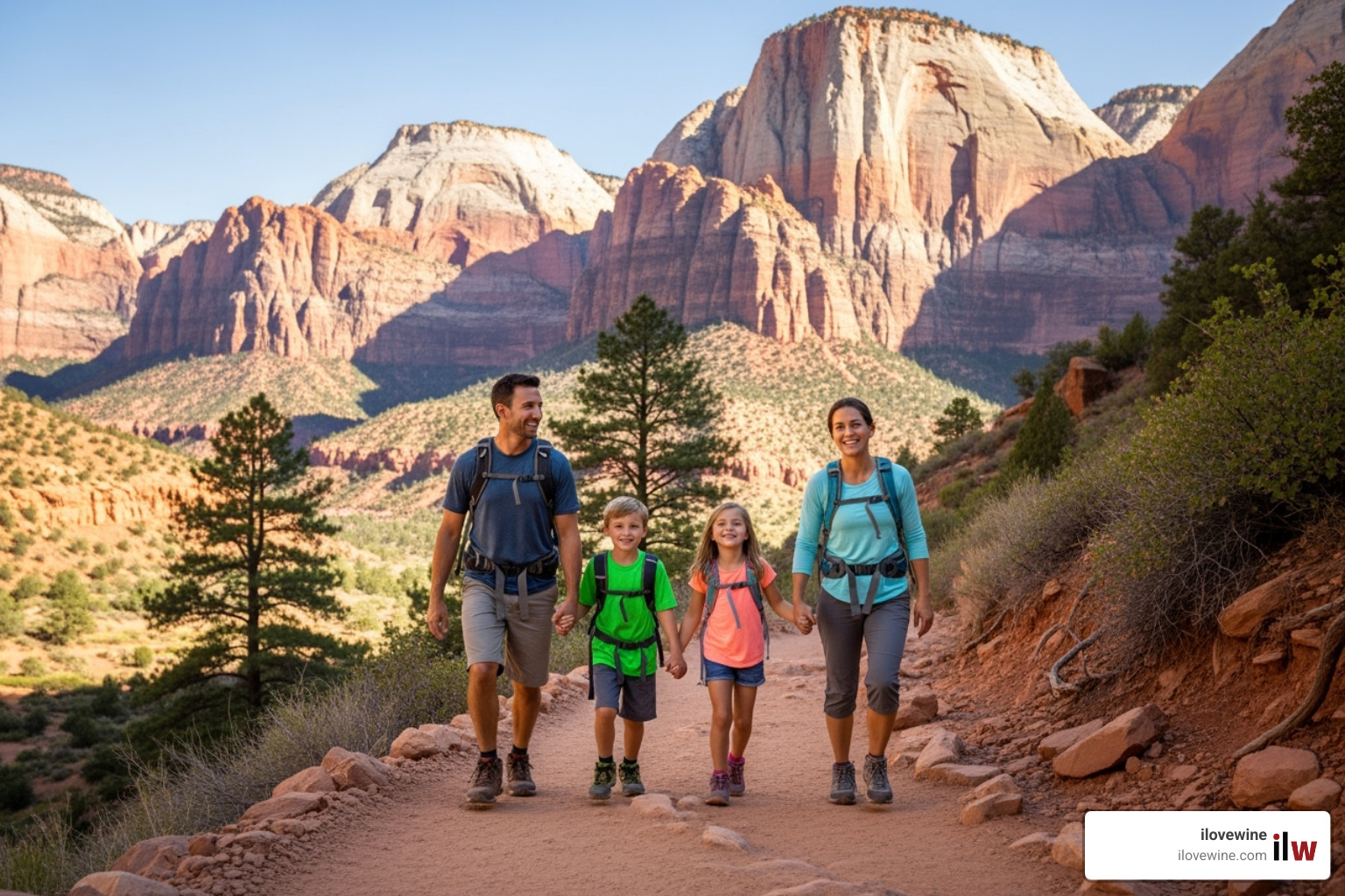 a family with children smiling while hiking in a scenic national park - Adventure summer holidays