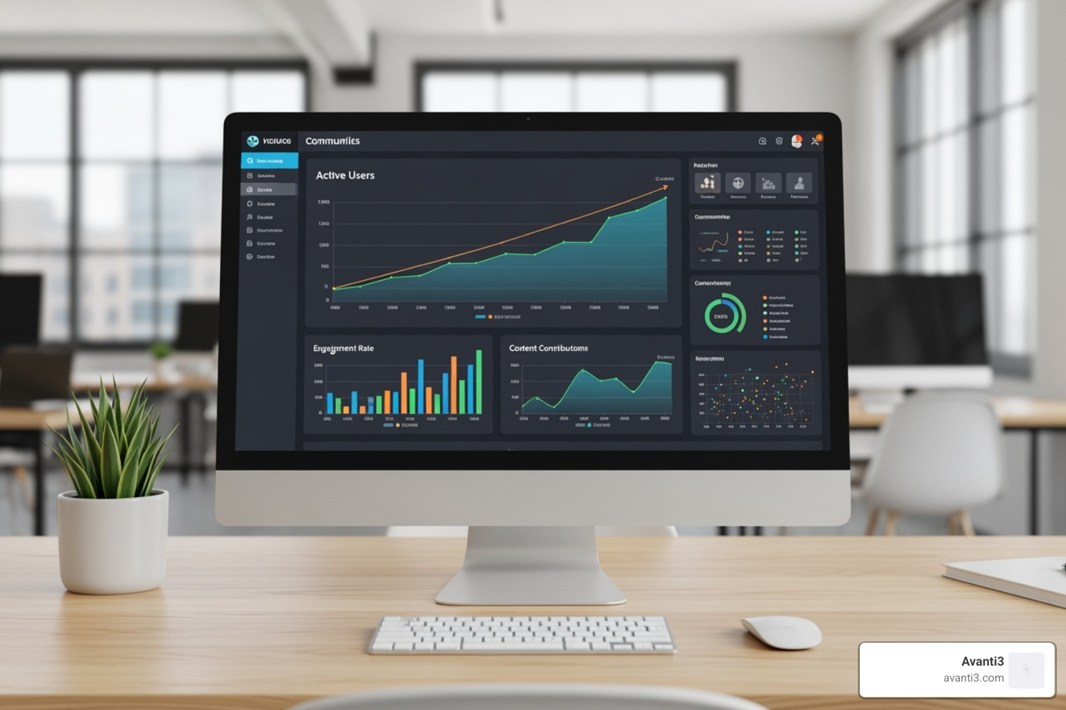 A data analytics dashboard displaying various community metrics like active users, engagement rate, and content contributions, with trend lines indicating growth. - building successful online communities A data analytics dashboard displaying various community metrics like active users, engagement rate, and content contributions, with trend lines indicating growth. - building successful online communities
