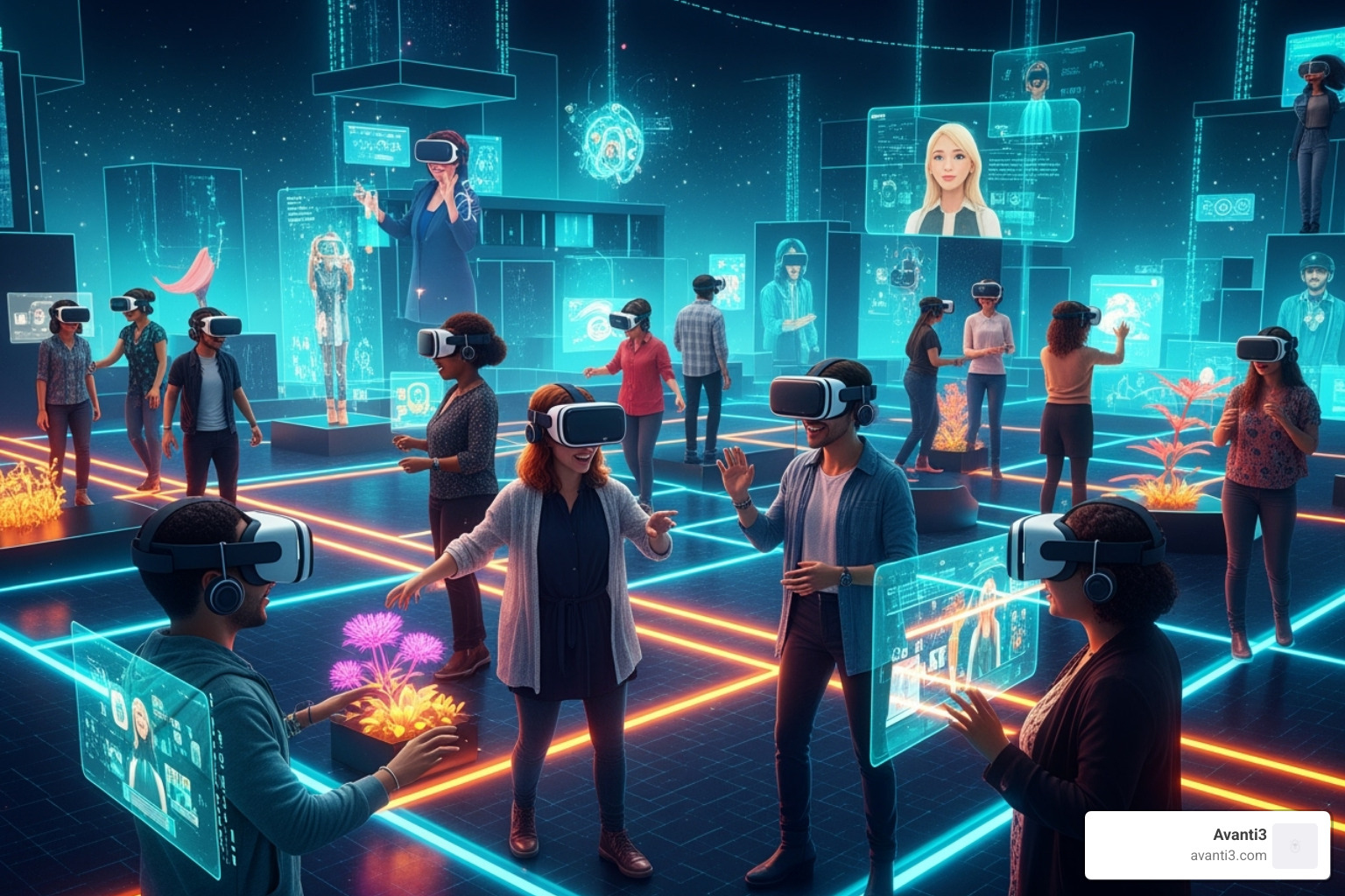 A diverse group of people interacting in a vibrant, futuristic virtual reality environment, symbolizing adaptive and technologically advanced online communities. - building successful online communities A diverse group of people interacting in a vibrant, futuristic virtual reality environment, symbolizing adaptive and technologically advanced online communities. - building successful online communities