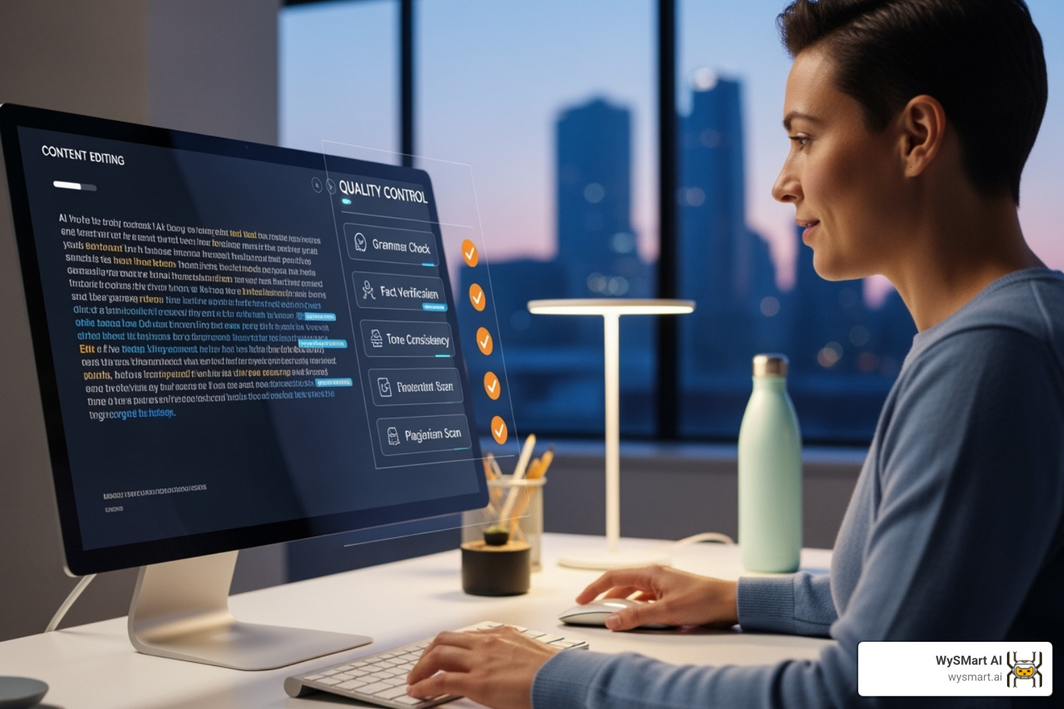 A person confidently editing AI-generated content on a computer screen, with a clear checklist for quality control and WySMart AI branding elements - AI powered content creation A person confidently editing AI-generated content on a computer screen, with a clear checklist for quality control and WySMart AI branding elements - AI powered content creation