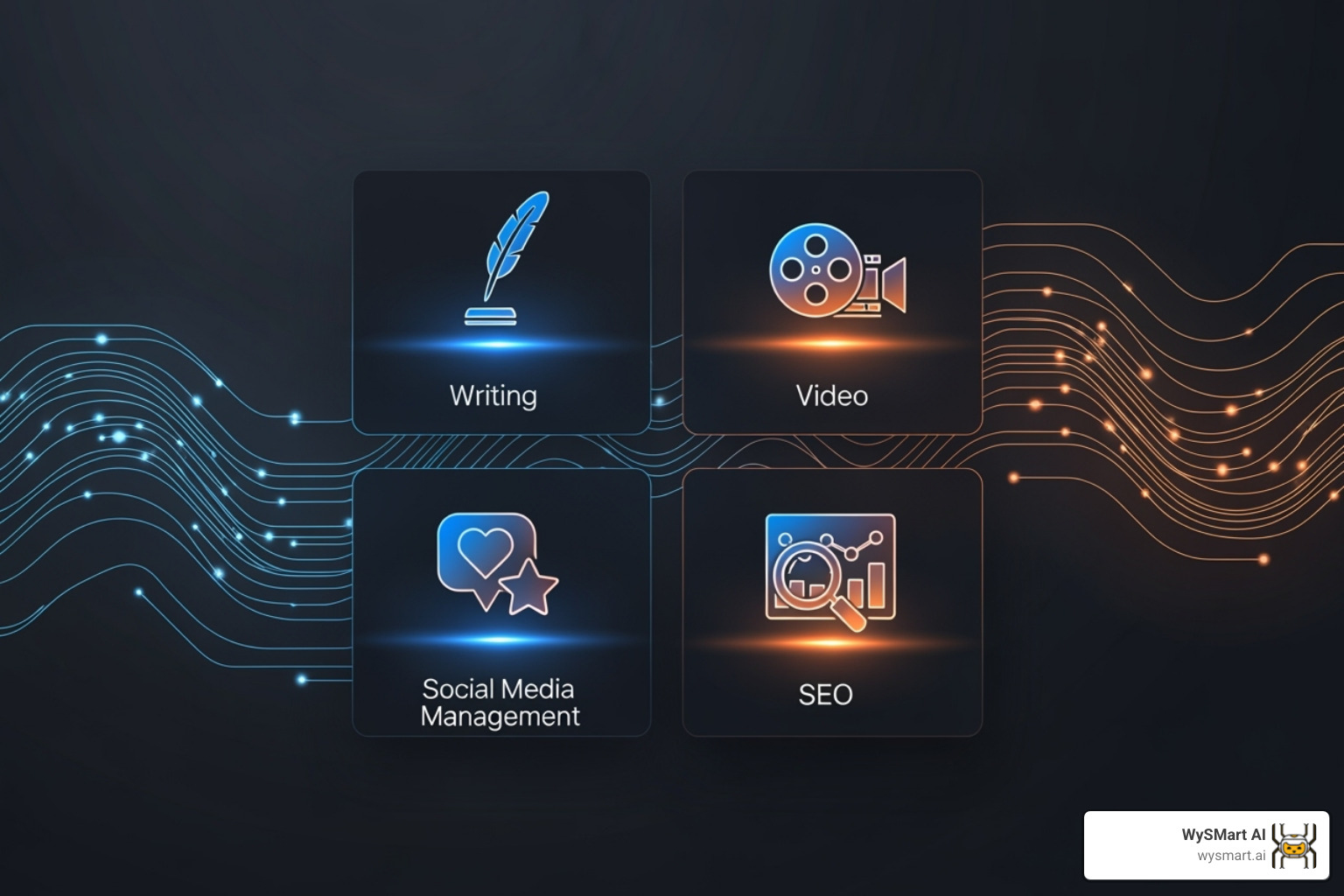 A clean, modern dashboard showing WySMart AI tool icons for writing, video, social media, and SEO, with subtle AI overlay elements - AI powered content creation A clean, modern dashboard showing WySMart AI tool icons for writing, video, social media, and SEO, with subtle AI overlay elements - AI powered content creation