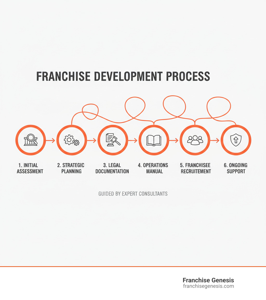 Infographic showing franchise development process from initial assessment through franchisee recruitment, including strategic planning phase, legal documentation creation, operations manual development, and ongoing support systems - franchise consultants near me infographic 