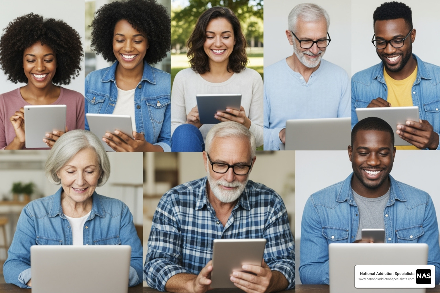 Diverse group of people engaging in telehealth services on laptops, tablets, and smartphones, emphasizing accessibility - Online buprenorphine prescription Diverse group of people engaging in telehealth services on laptops, tablets, and smartphones, emphasizing accessibility - Online buprenorphine prescription