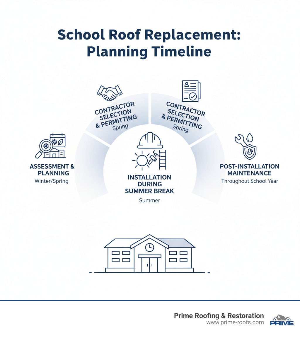 Infographic showing school roof replacement planning timeline with key phases: Assessment and Planning (Winter/Spring), Contractor Selection and Permitting (Spring), Installation During Summer Break, and Post-Installation Maintenance Schedule throughout the school year - School roof replacement infographic 