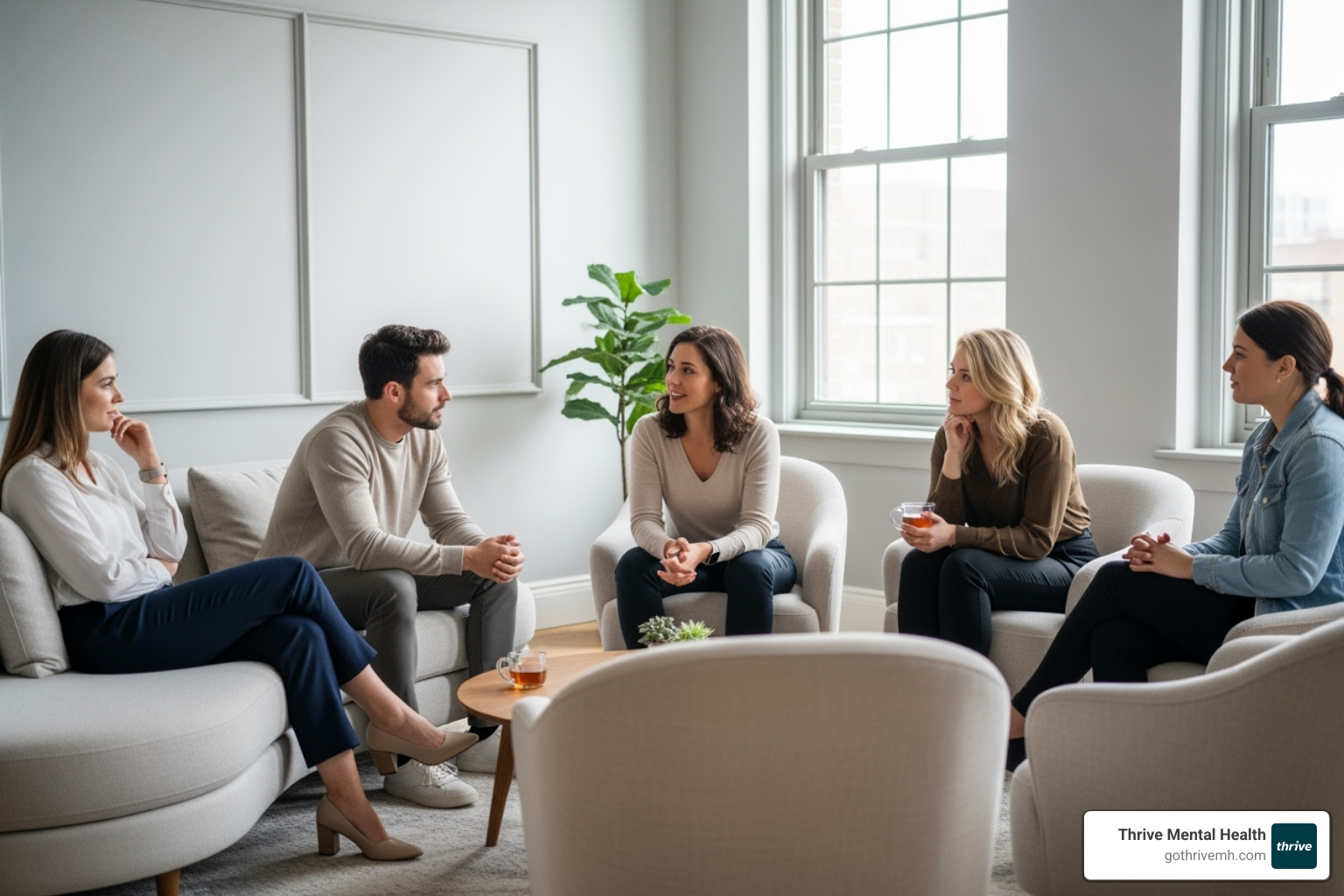 Young adults in a bright, modern group therapy setting, engaged in conversation - IOP for young adults