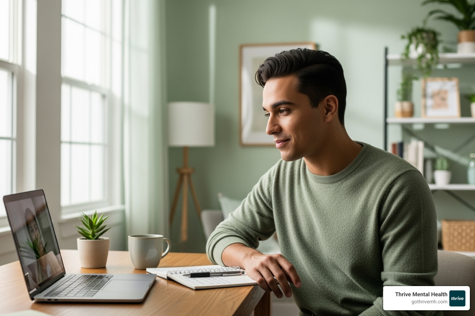 Young adult participating in a virtual therapy session from a comfortable home office setting - IOP for young adults