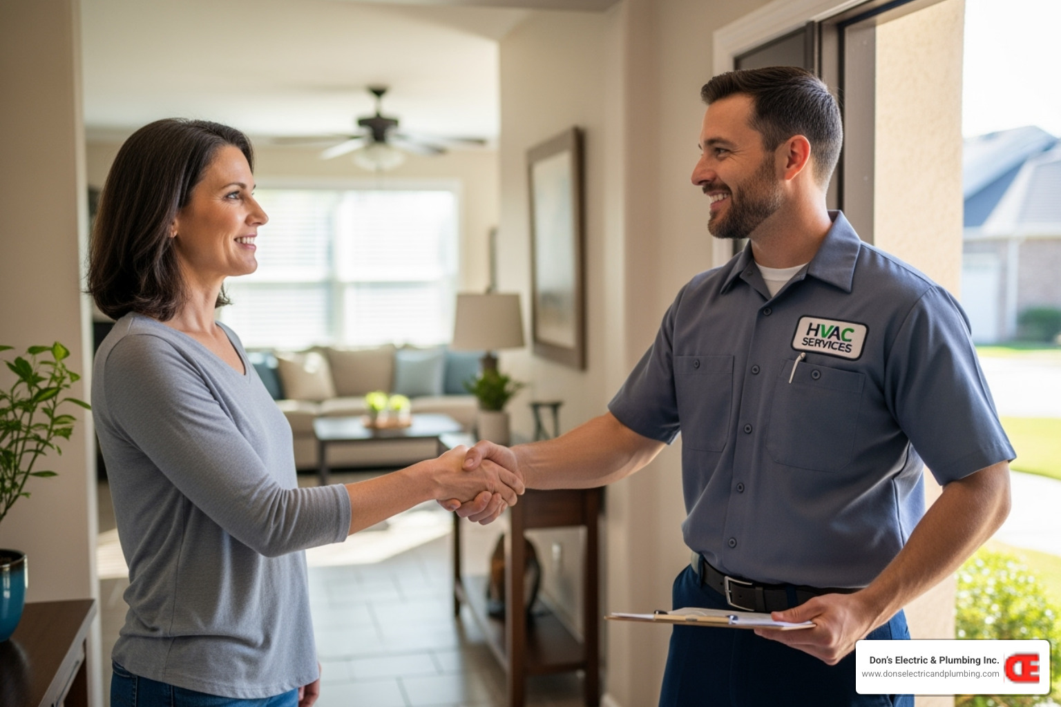a friendly technician shaking hands with a homeowner - best furnace repair cobleskill
