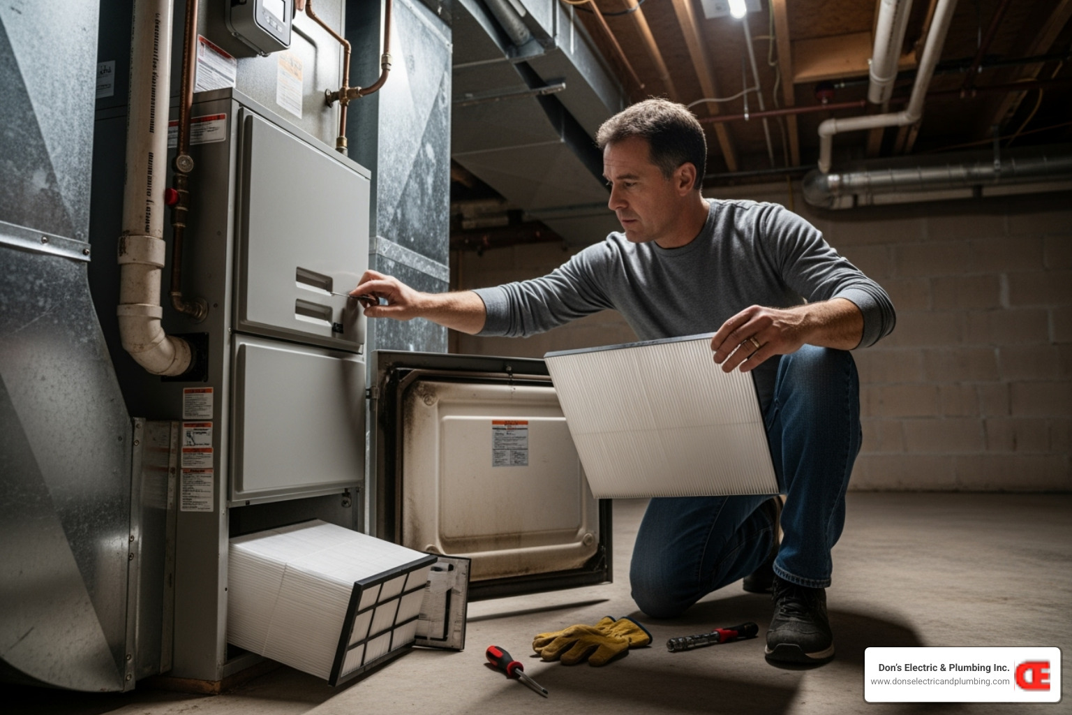 a homeowner changing a furnace filter - best furnace repair cobleskill